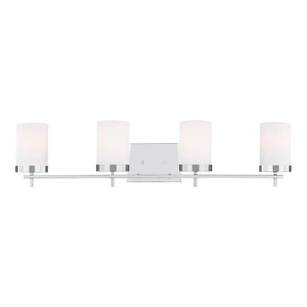 Zire 34 in. W 4-Light Chrome Bathroom Vanity Light with Etched White Glass Shades