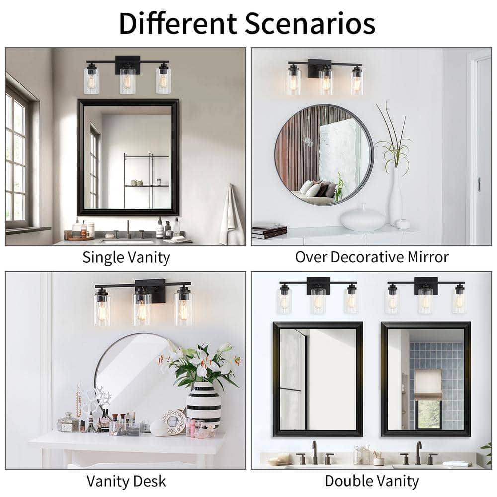 Black 3-Light Modern Cylinder Vanity Light with Glass Shades