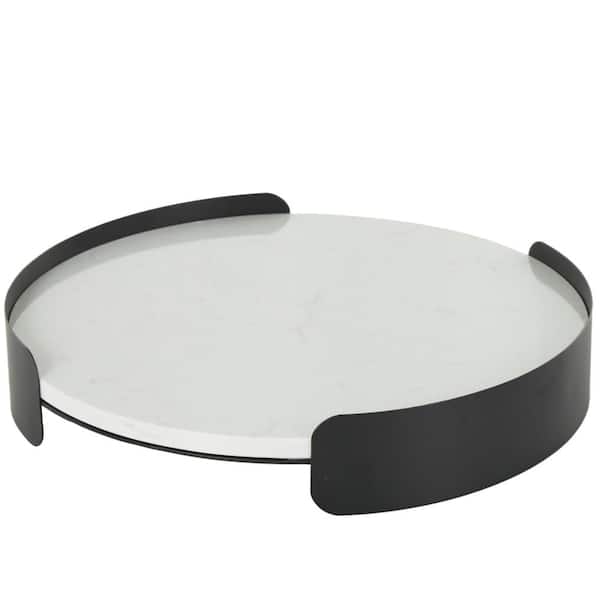 White Marble Round Decorative Tray with Black Metal Frame