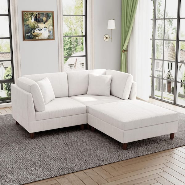 74.7 in. Straight Arm 3-Piece Corduroy Upholstered L-Shaped Sectional Sofa in Beige