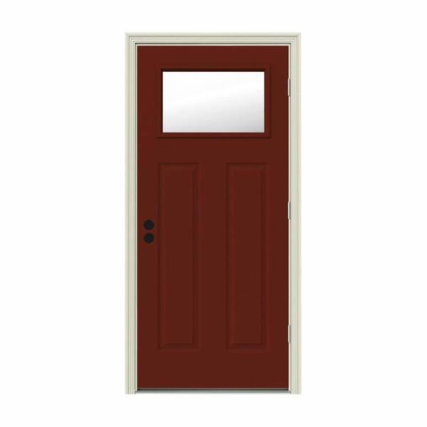 JELD-WEN 30 in. x 80 in. 1 Lite Craftsman Mesa Red Painted Steel Prehung Left-Hand Outswing Front Door w/Brickmould