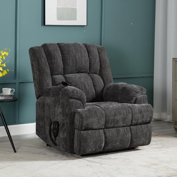 Grey Dual Motor Heat Massage Infinite Position Up to 350 lbs. Chenille Lift Recliner with Medium-firm and Heavy Duty