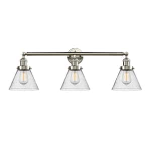 Cone 32 in. 3-Light Brushed Satin Nickel Vanity Light with Seedy Glass Shade