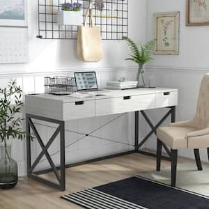 Desert Glen 59.13 in. Rectangle Antique White and Black Writing Desk with Lift Top