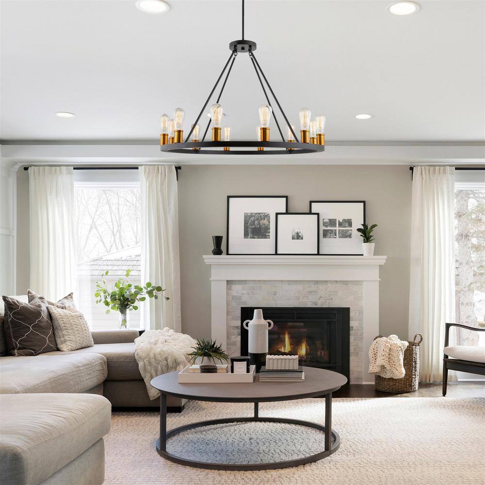 Jericho 36" Black Wagon Wheel Chandelier with Warm Brass Accents