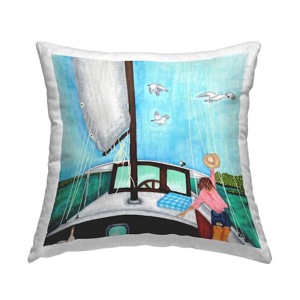 Stupell Industries Woman on Summer Boat Blue Print Polyester 18 in. x 18 in. Throw Pillow