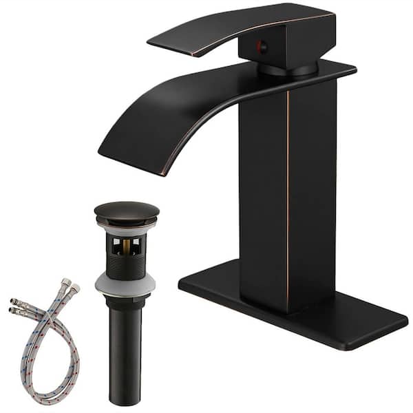 FLG Single Handle Single Hole Waterfall Bathroom Faucet with Pop-up Drain Kit and Deckplate Included in Oil Rubbed Bronze