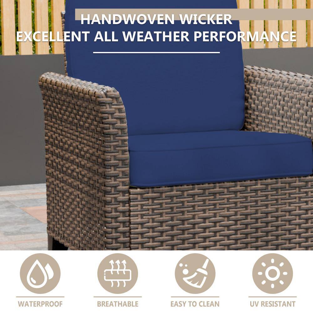 5-Piece Brown Wicker Patio Set with Blue Cushions