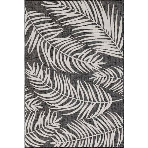 Unique Loom Outdoor Botanical Palm Charcoal 6 ft. 1 in. x 9 ft. Area Rug