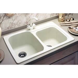 Drop-In/Undermount Solid Surface 33 in. 1-Hole 55/45 Double Bowl Kitchen Sink in White