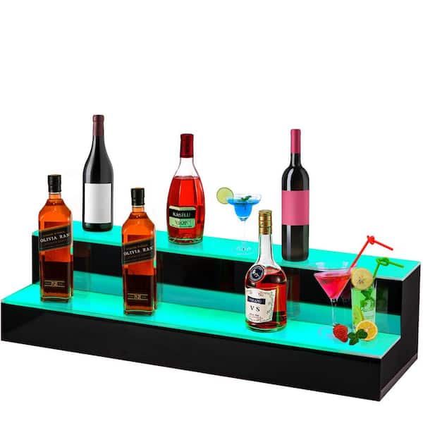 24 Inch LED Lighted Liquor Bottle Display 2 Step Illuminated Bottle Shelf 2 Tier Home Bar Drinks Lighting Shelves with Remote Control 2 Tier, 24 inch 