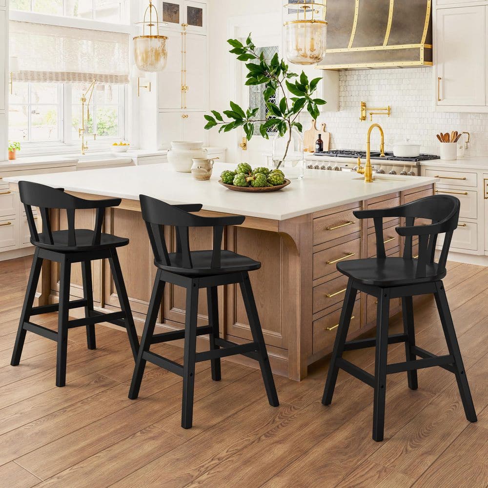 25.2 in. H 360° Swivel Solid Wood Bar Stool Black Bar Height Island Stool with Curved Windsor Back and Footrest Set of 3 price history on PriceWatchPro