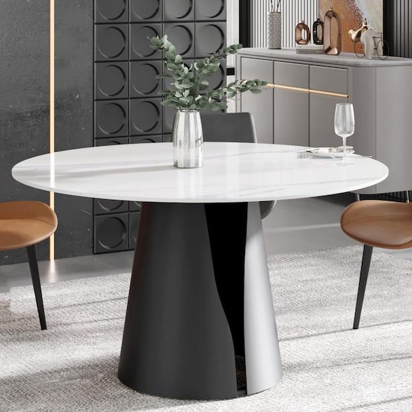 59.05 in. White Sintered Stone Tabletop with Gold Pedestal Base Dining Table (Seats-8)