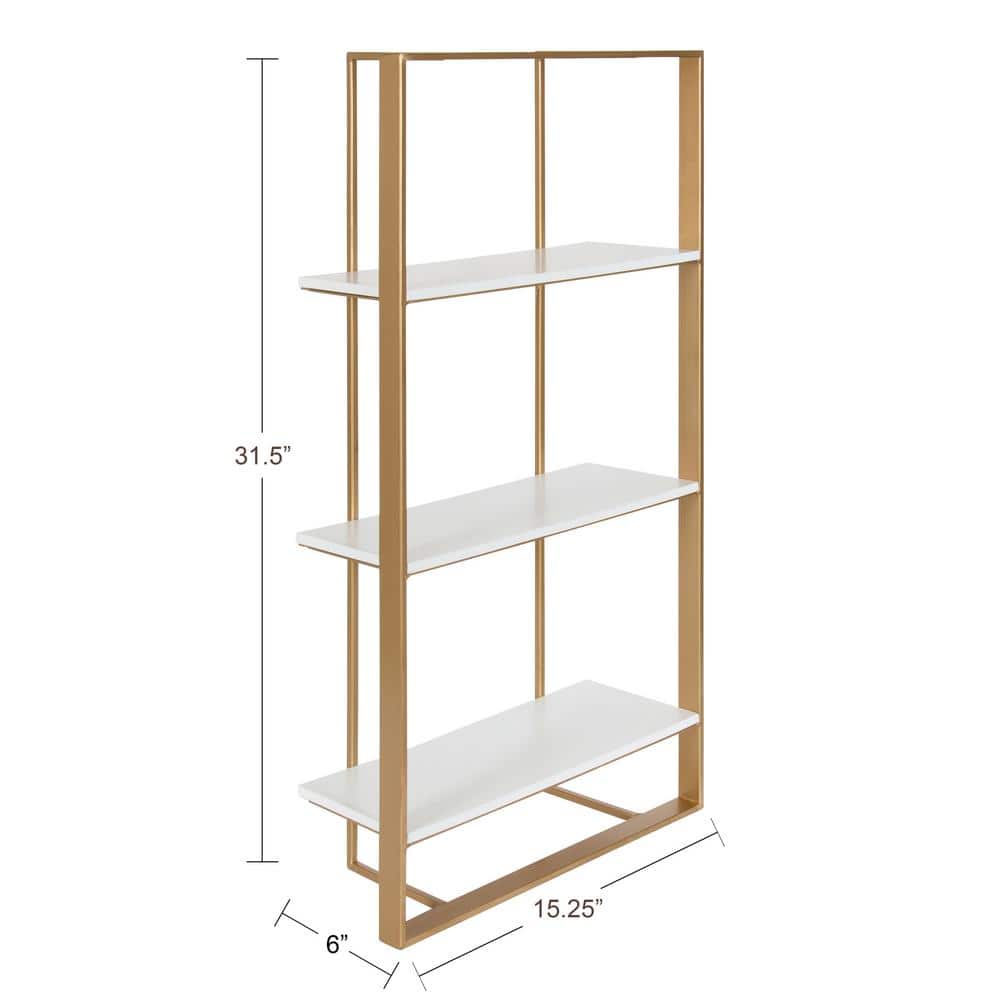 White and Gold Floating Wood Wall Shelf, 32 Inch