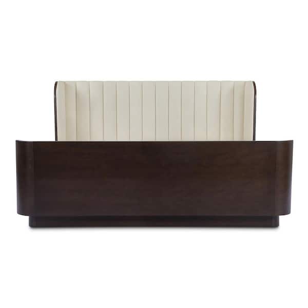 Elric Cream White MDF and Rubberwood Frame Queen Platform Bed with Curved Sleigh Headboard
