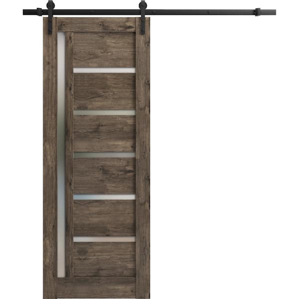 36 in. x 80 in. 1 Panel Frosted Glass Cognac Oak Solid MDF Sliding Barn Door with Hardware Kit