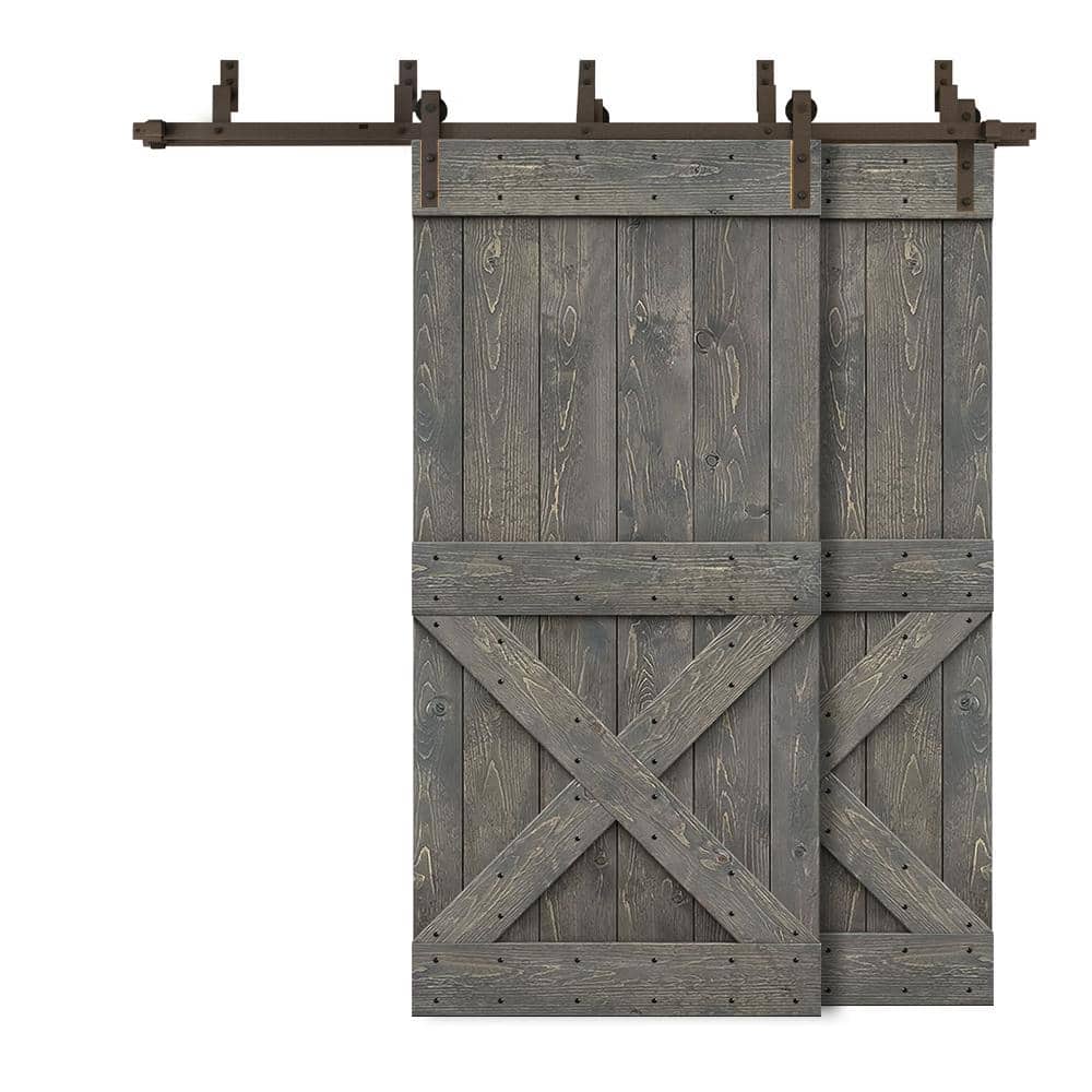 52 in. x 84 in. Mini X Bypass Weather Gray Stained DIY Solid Wood Interior Double Sliding Barn Door with Hardware Kit price history on PriceWatchPro