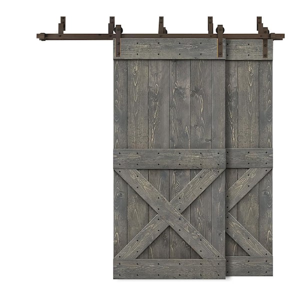 CALHOME 68 in. x 84 in. Mini X-Bypass Weather Gray Stained DIY Solid Wood Interior Double Sliding Barn Door with Hardware Kit