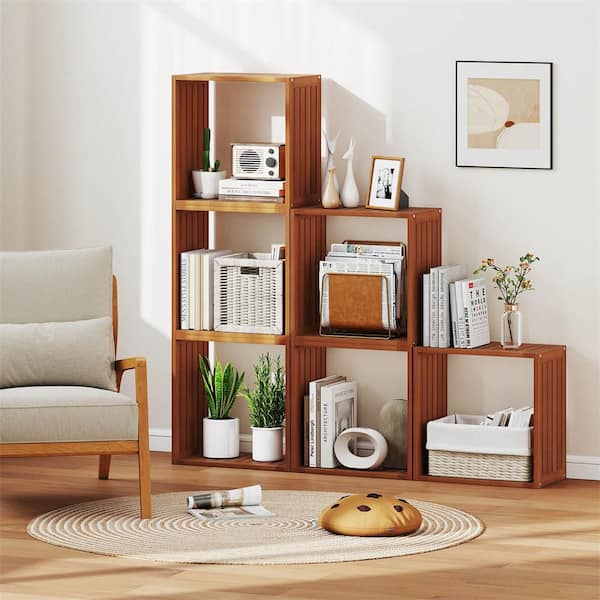 1 PCS 3 Cube 58.5 in. Tall Teak Wood 4-Shelf Stackable Accent Bookcases with Interior Shelves for Small Spaces
