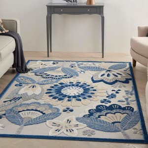 Aloha Blue/Gray 4 ft. x 6 ft. Floral Contemporary Indoor/Outdoor Patio Area Rug