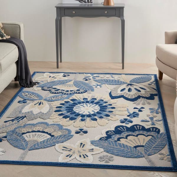 Aloha Blue/Gray 5 ft. x 8 ft. Floral Contemporary Indoor/Outdoor Patio Area Rug