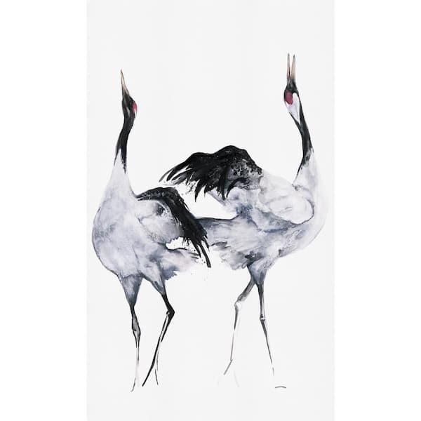 Unbranded Kumano Collection White/Black Two Painted Crane 3-Panel Wall Mural 8.8 ft. high x 5.2 ft. wide