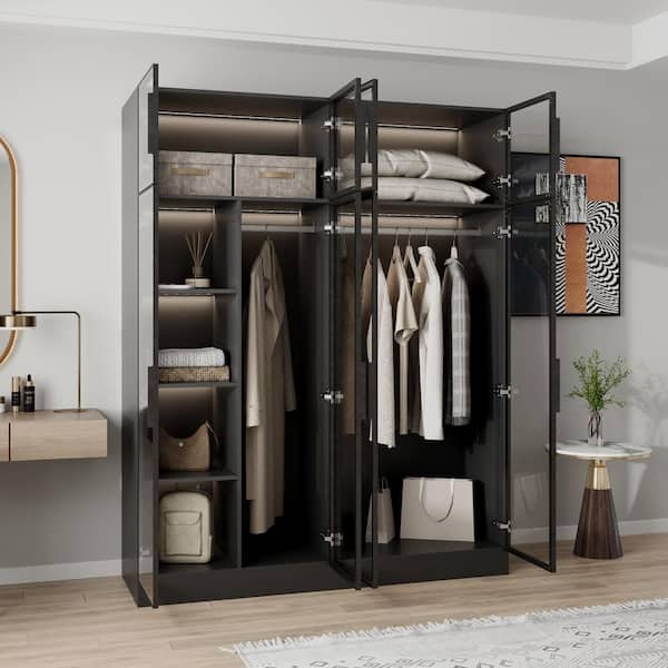 FUFU&GAGA 1-Piece Black Wood 118.1 in. W Queen Bedroom Wardrobe