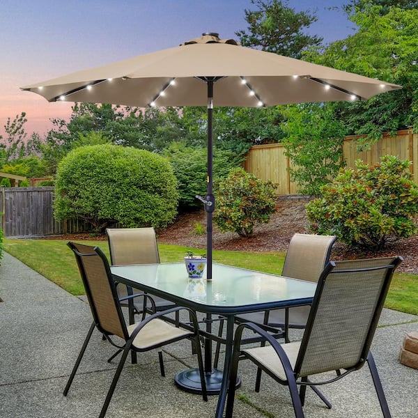 JOYESERY 9 ft. Solar LED Market Patio Umbrellas with Solar Lights Tilt Button in Cedar Brown