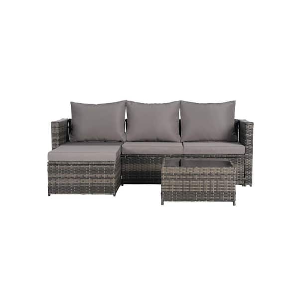 Unbranded 3-Pieces Wicker Patio Conversation Set, L-Shaped Furniture Set with Dark Gray Cushions, Ottoman, Table