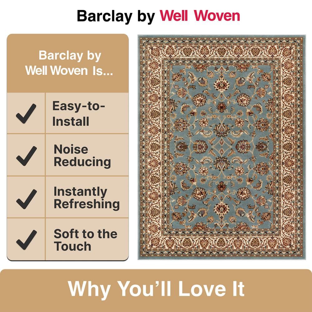 Light Blue and Ivory Synthetic Oriental Area Rug 5'3" x 7'3"