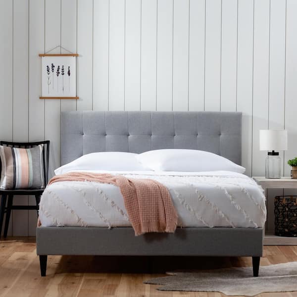 King size platform bed frame upholstered headboard tufted beds wood frame deals gray