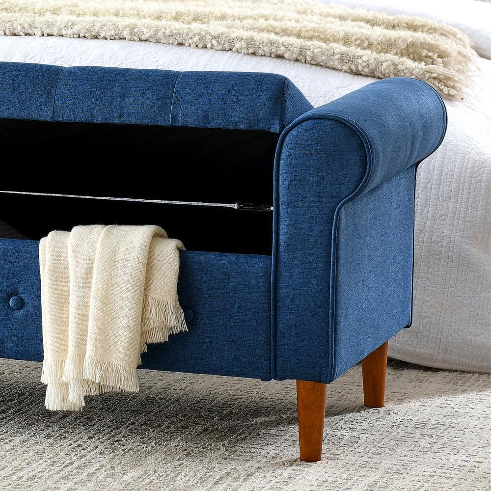Blue Linen Tufted Storage Bench with Rolled Arms