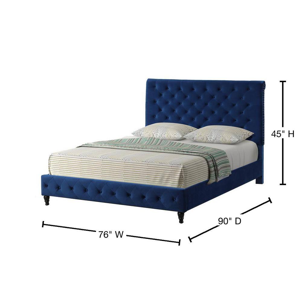 Regal Blue Velvet Tufted Cali King Bed with Nailhead Trim