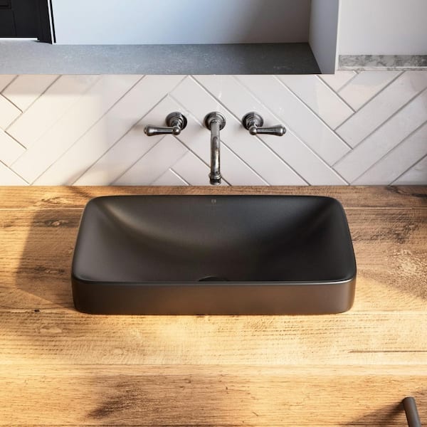 19 in. Drop-In Bathroom Sink Rectangle in Matte Black, Semi-Recessed Ceramic Vessel Sink, Sink Drain Kit Included