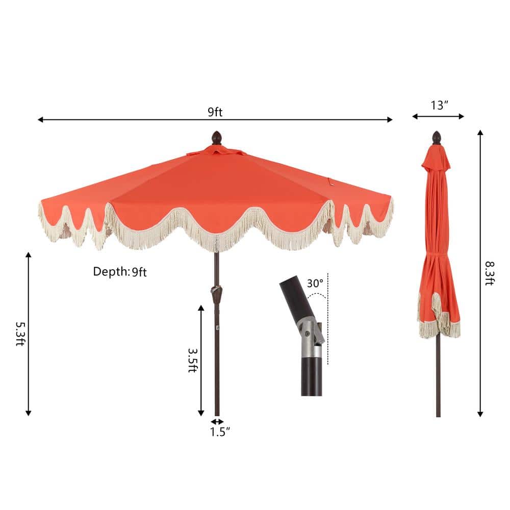 Collins 9 ft. Coral Red and Cream Tassel Patio Umbrella with Auto-Tilt
