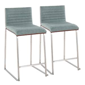 Mason Mara 34 in. Green Fabric and Stainless Steel Metal Counter Height Bar Stool with Walnut Wood Seat Back (Set of 2)