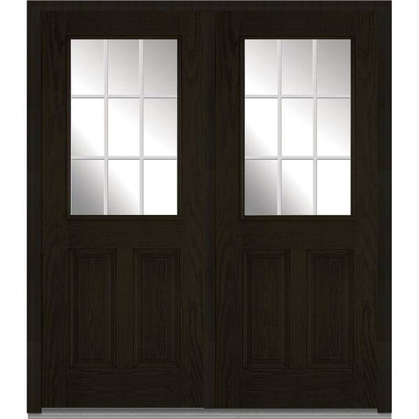 MMI Door 64 in. x 80 in. White Internal Grilles Right-Hand Inswing 1/2-Lite Clear Stained Fiberglass Oak Prehung Front Door