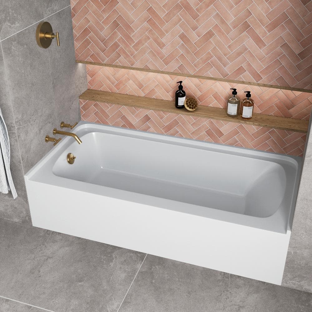 Glossy White Acrylic Alcove Bathtub with Brushed Gold Trim