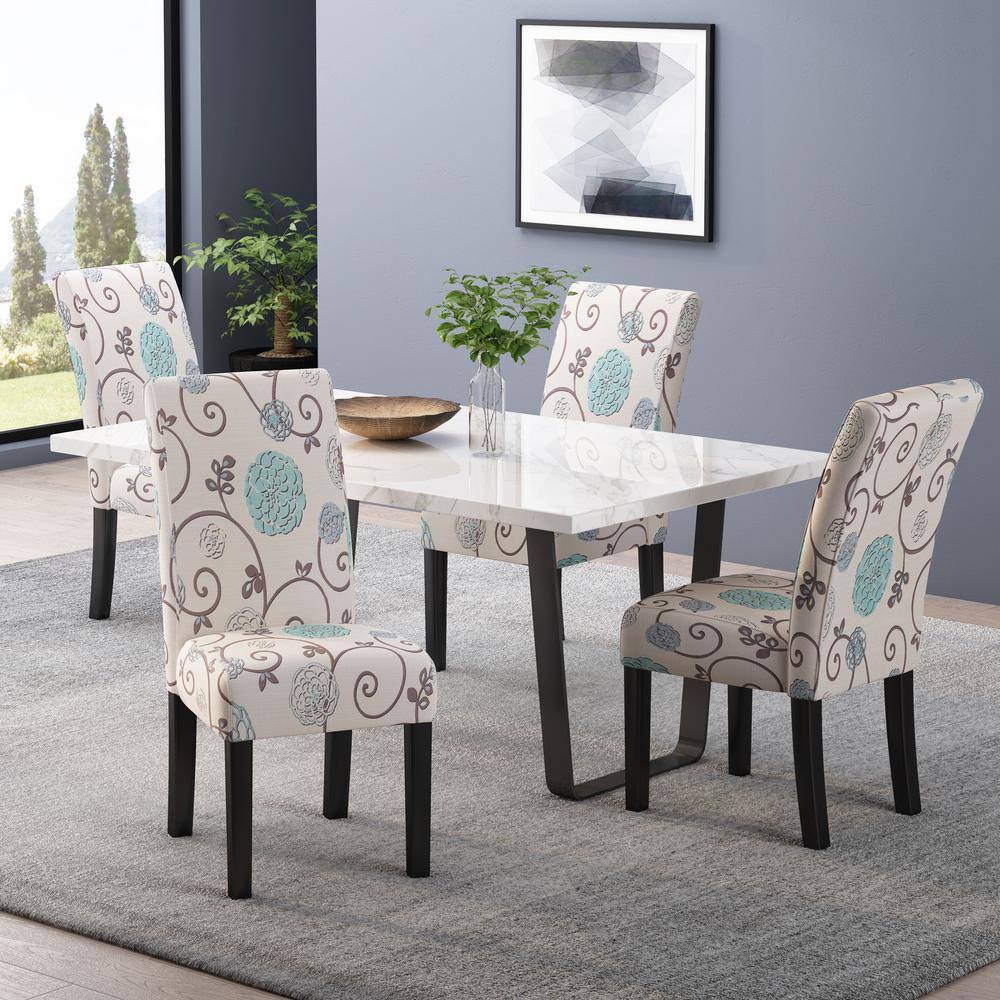 Light Beige and Blue Floral Upholstered Parsons Dining Chairs, Set of 4