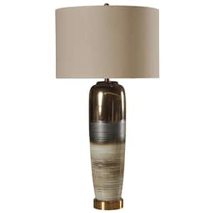 41 in. White Gray and Gold Table Lamp with White Hardback Fabric Shade