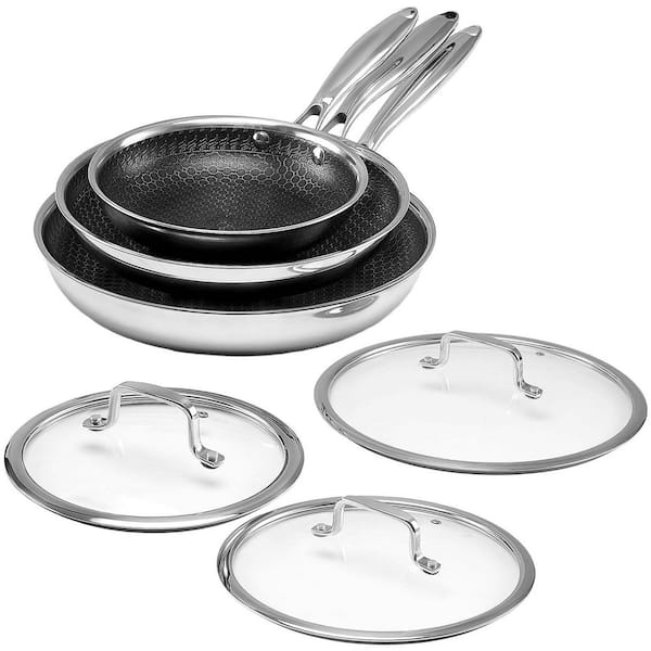 3-Piece Hybrid Stainless Steel Non Stick Frying Pan Set Dishwasher Oven Safe Induction Compatible with Glass Lids
