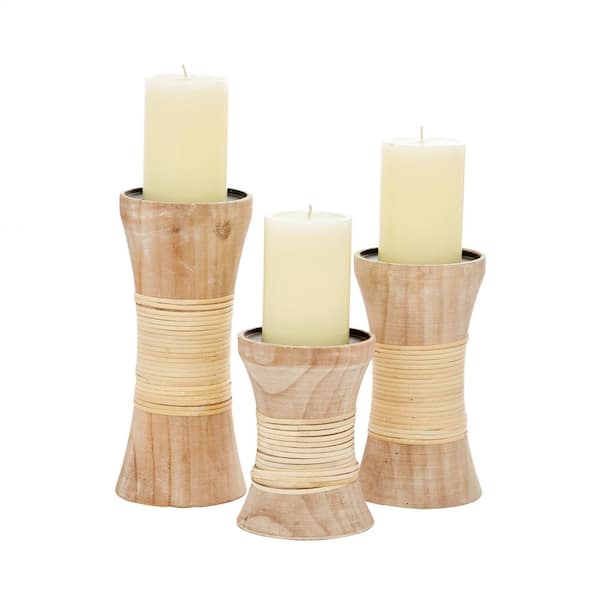 Litton Lane Brown Wood Candle Holder (Set of 3)