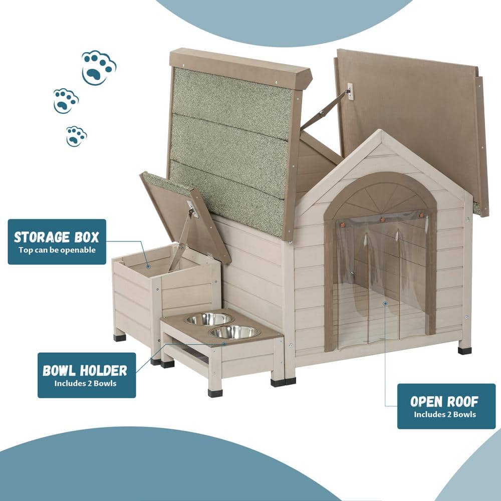 Medium Outdoor Fir Wood Dog House with Storage and Feeding Station