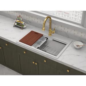 Rustin White Granite 33in Single Bowl Drop-In Workstation with Accessories