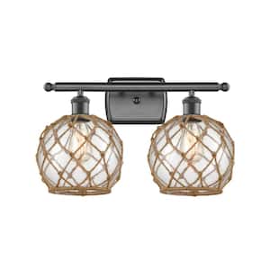 Farmhouse Rope 16 in. 2-Light Oil Rubbed Bronze Vanity Light with Clear Glass with Brown Rope Glass and Rope Shade