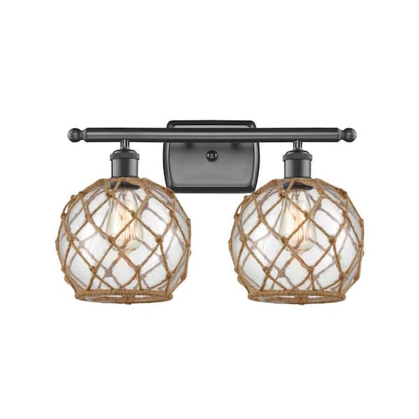 Farmhouse Rope 16 in. 2-Light Oil Rubbed Bronze Vanity Light with Clear Glass with Brown Rope Glass and Rope Shade