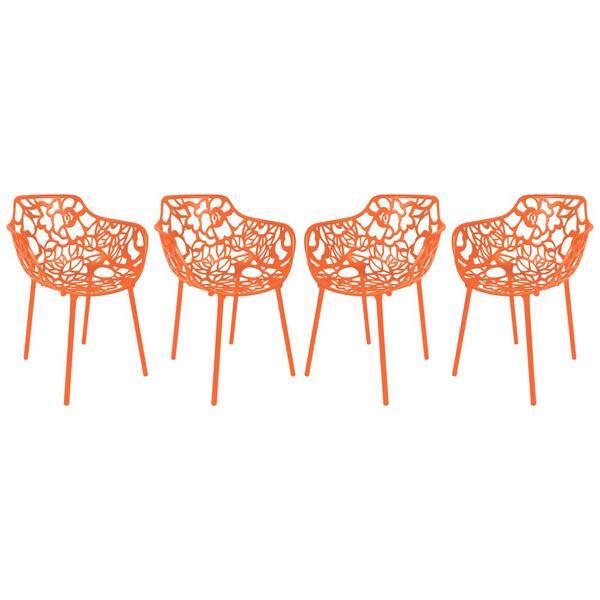 Leisuremod Devon Outdoor Dining Chair in Aluminum Modern Stackable Design Patio Arm Chair in Orange (Set of 4)