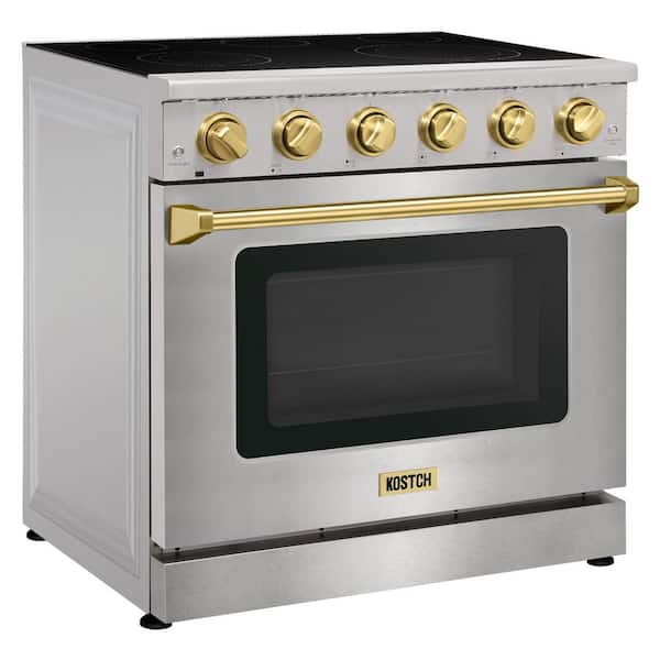 36 in. 5 Elements Freestanding Electric Range w/ 6.0 cu. ft. True Convection Oven in Stainless Steel w/ Bronze Handles