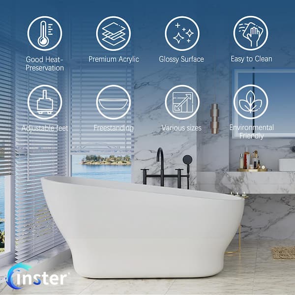 59 in. Acrylic Oval Shaped Freestanding Flatbottom Top Sloping Design Non-Whirlpool Soaking Bathtub in White