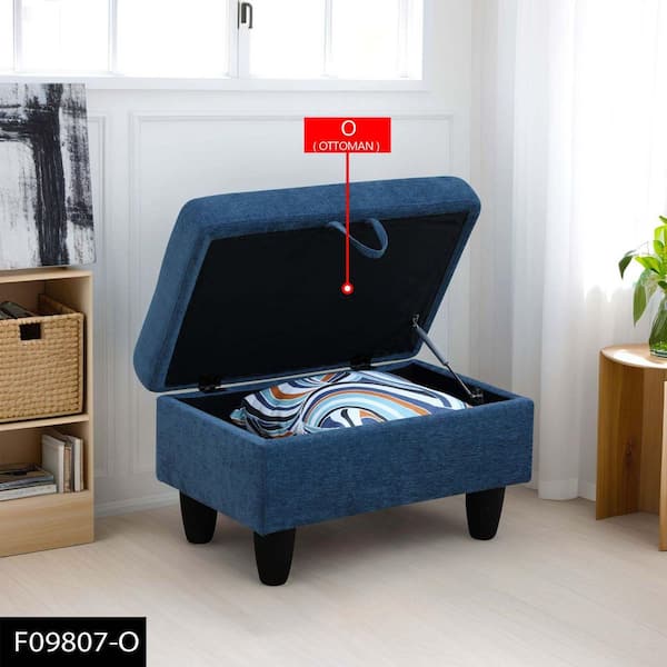 AndMakers 28.5 in. W Blue Linen Rectangle Ottoman with Storage